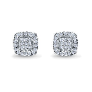 Square Cushion Shape Simulated CZ Stud Earrings Screw-Back Round Pave 925 Sterling Silver